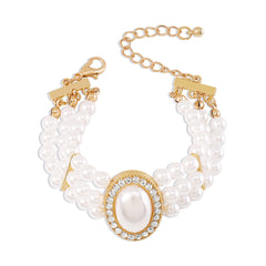 Cubic Zirconia & Pearl 18K Gold-Plated Oval Layered Bracelet