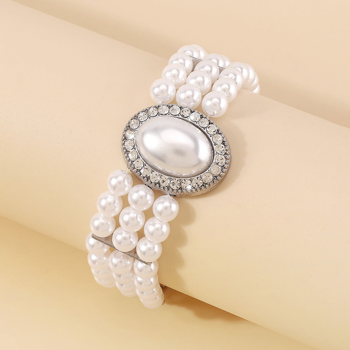 Cubic Zirconia & Pearl Silver-Plated Layered Oval Charm Bracelet