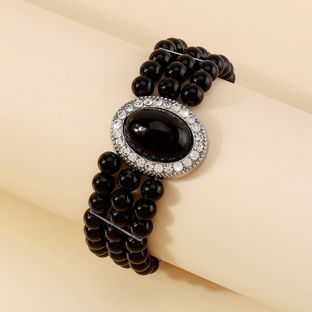 Cubic Zirconia & Black Resin Silver-Plated Oval Layered Bracelet