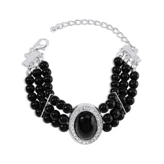 Cubic Zirconia & Black Resin Silver-Plated Oval Layered Bracelet