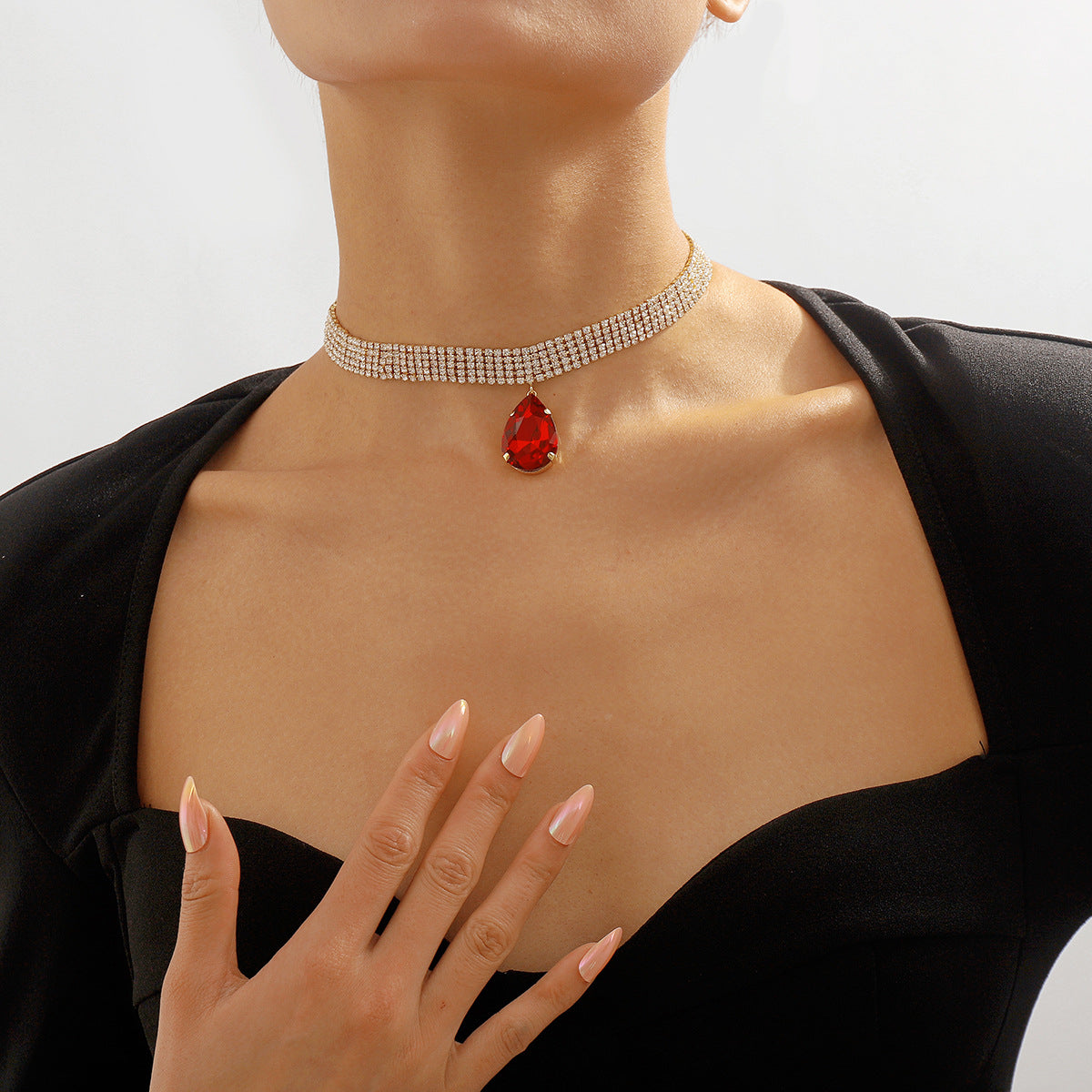 Red Crystal & Cubic Zirconia Drop Pendant Necklace