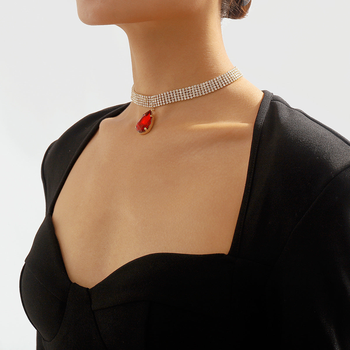 Red Crystal & Cubic Zirconia Drop Pendant Necklace