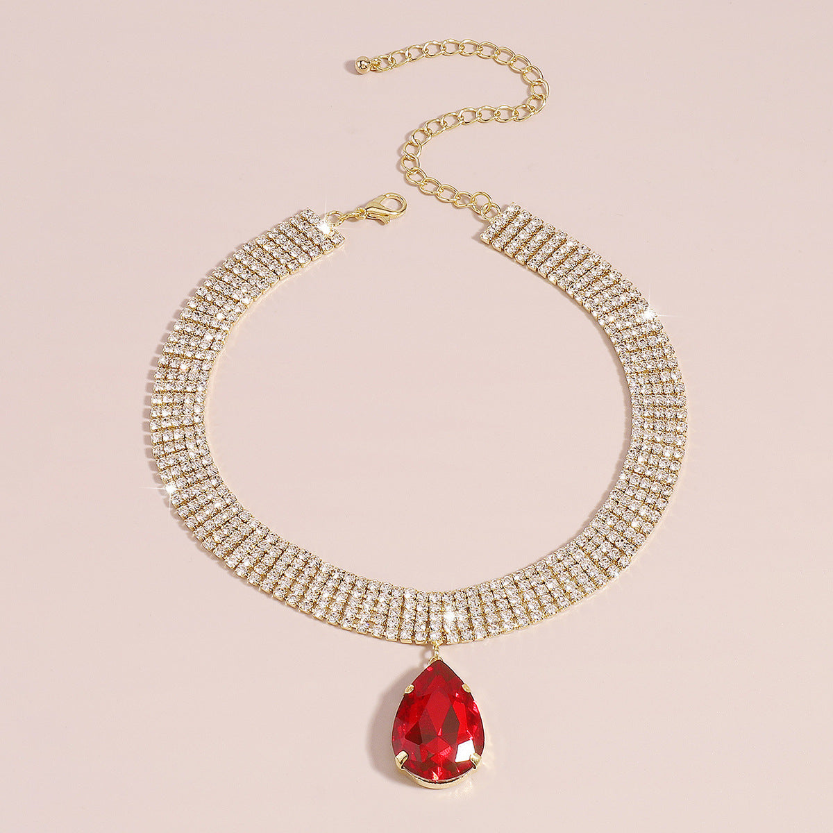 Red Crystal & Cubic Zirconia Drop Pendant Necklace