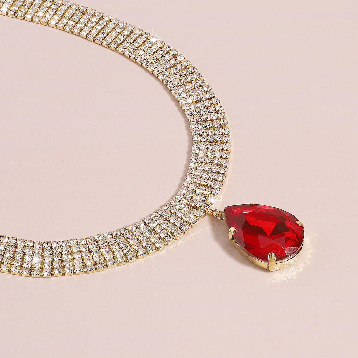 Red Crystal & Cubic Zirconia Drop Pendant Necklace