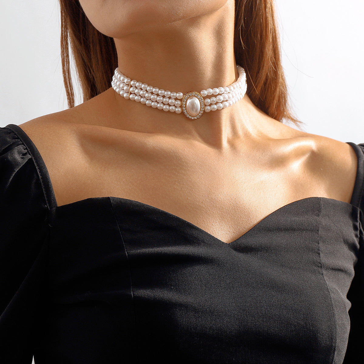 Cubic Zirconia & Pearl 18K Gold-Plated Oval Layered Choker