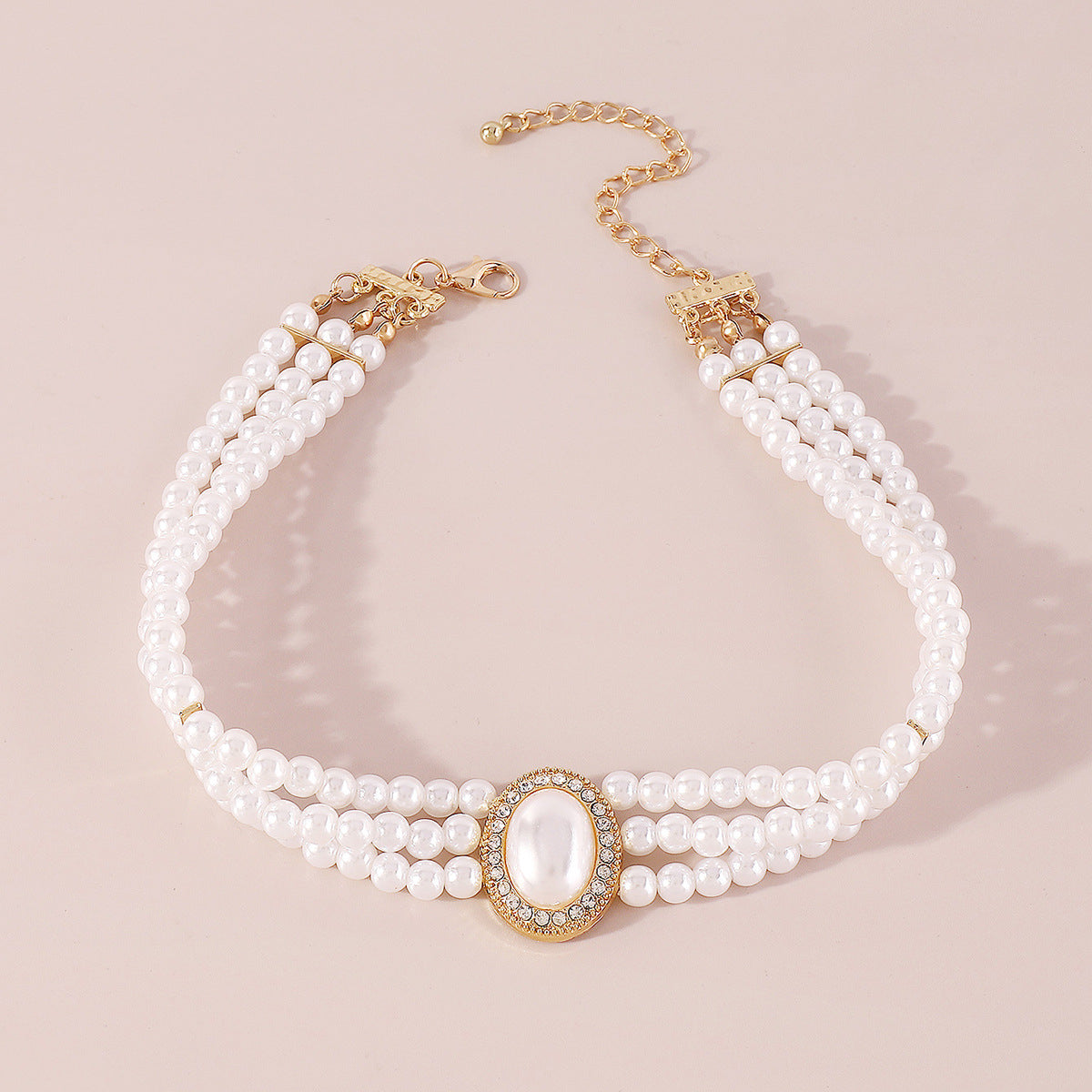 Cubic Zirconia & Pearl 18K Gold-Plated Oval Layered Choker