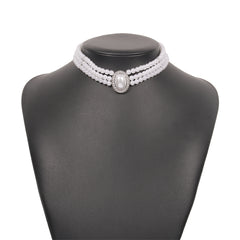 Cubic Zirconia & Pearl Silver-Plated Oval Layered Choker