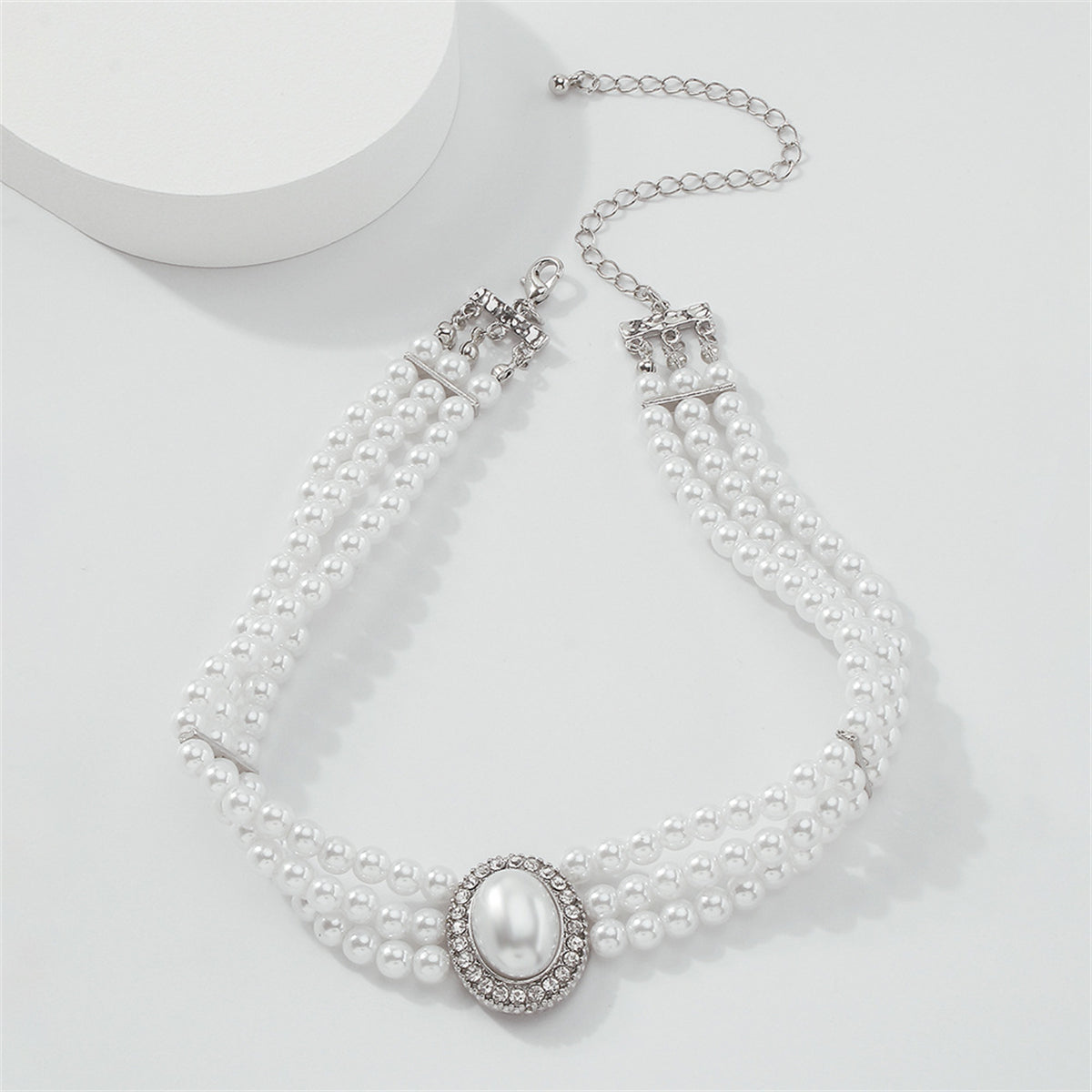 Cubic Zirconia & Pearl Silver-Plated Oval Layered Choker