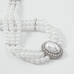 Cubic Zirconia & Pearl Silver-Plated Oval Layered Choker