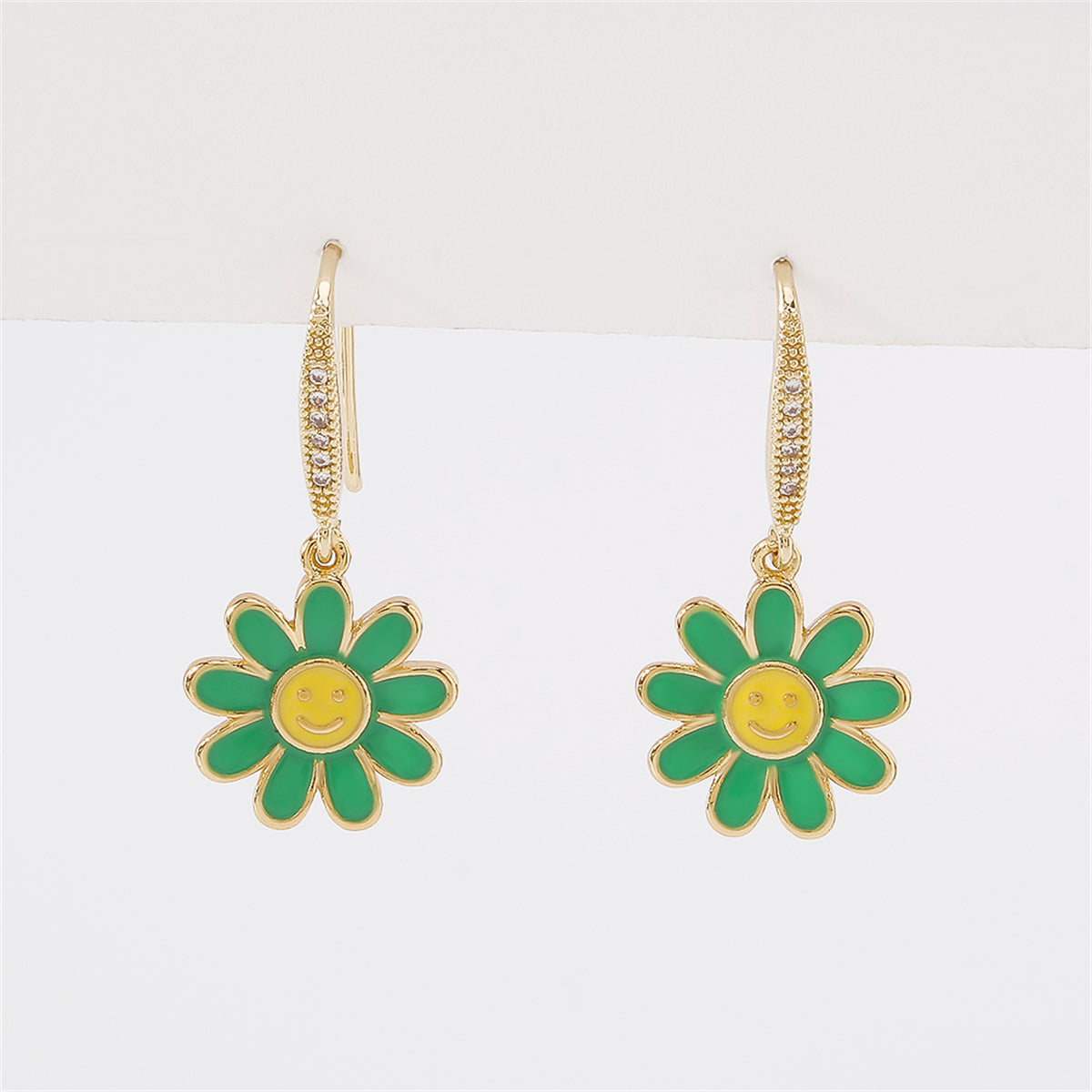 Cubic Zirconia & Green Enamel 18K Gold-Plated Flower Drop Earrings