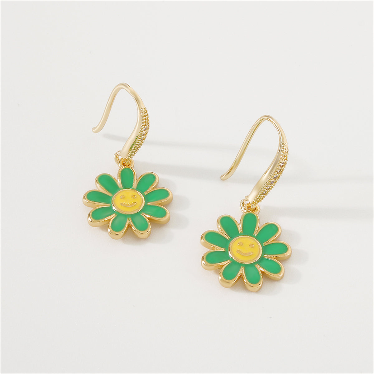 Cubic Zirconia & Green Enamel 18K Gold-Plated Flower Drop Earrings