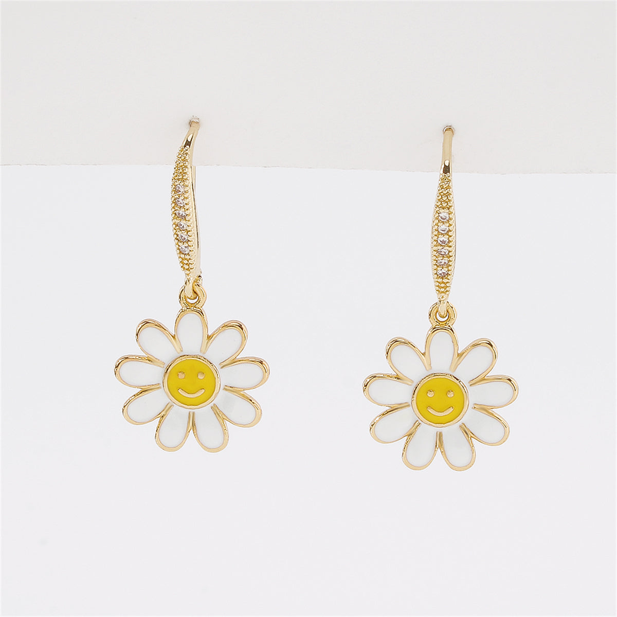 Cubic Zirconia & White Enamel 18K Gold-Plated Flower Drop Earrings