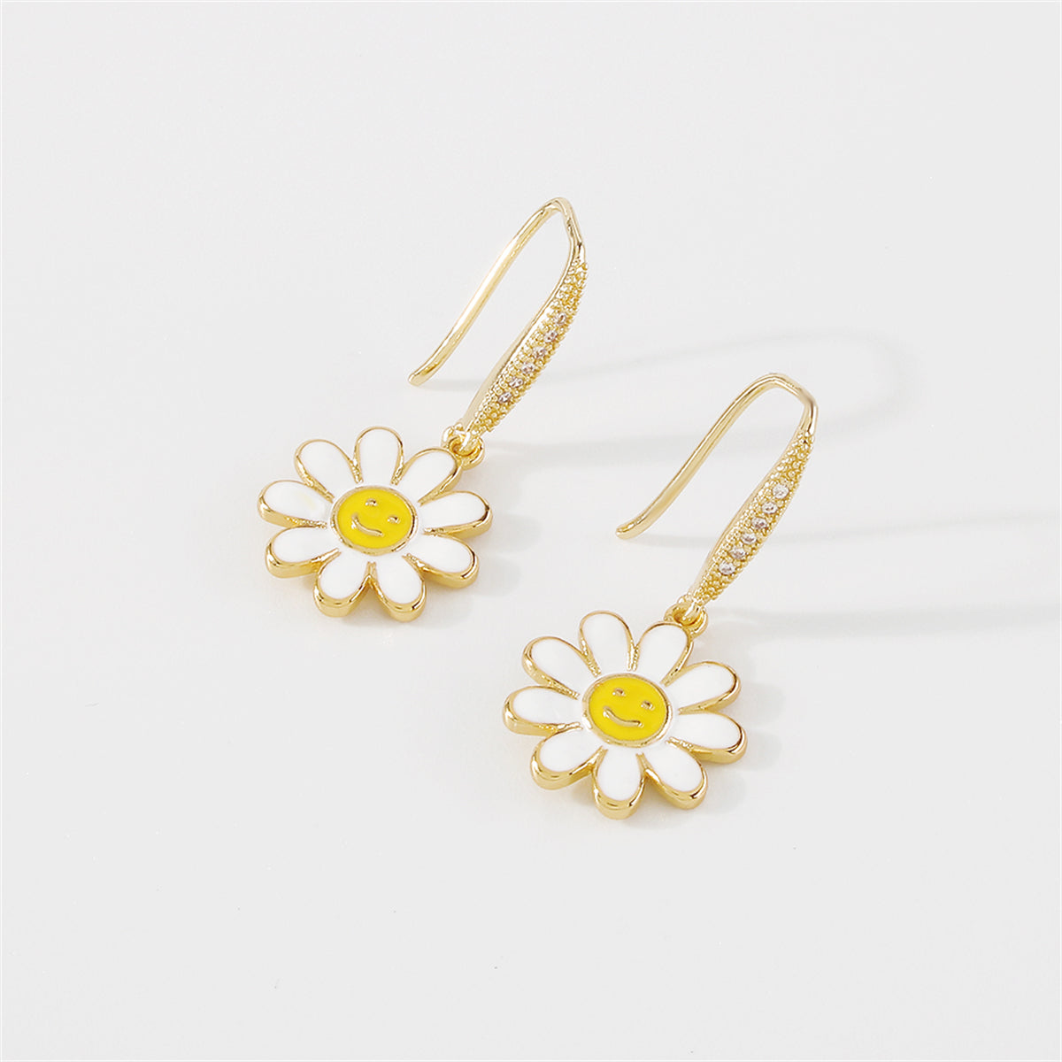 Cubic Zirconia & White Enamel 18K Gold-Plated Flower Drop Earrings