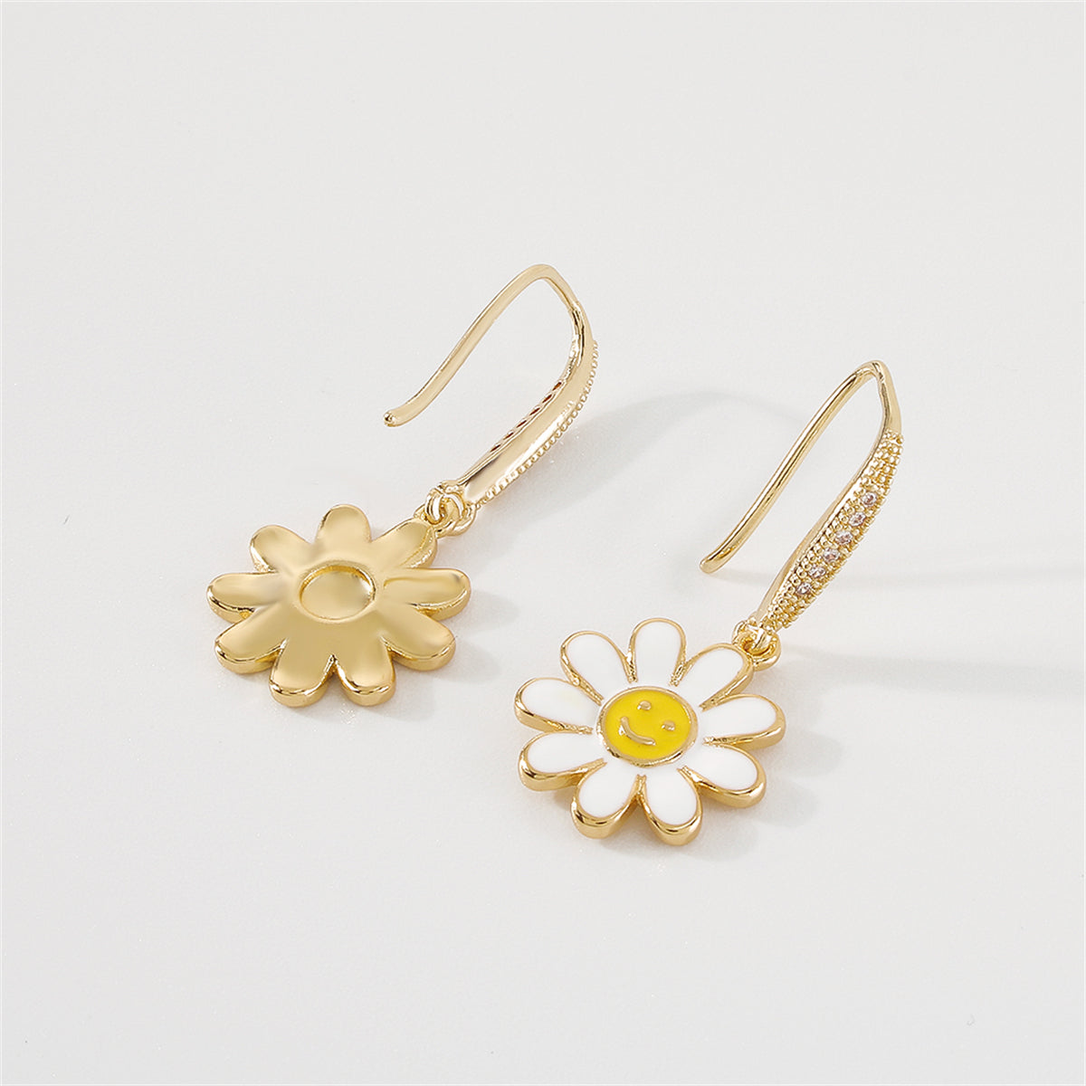 Cubic Zirconia & White Enamel 18K Gold-Plated Flower Drop Earrings