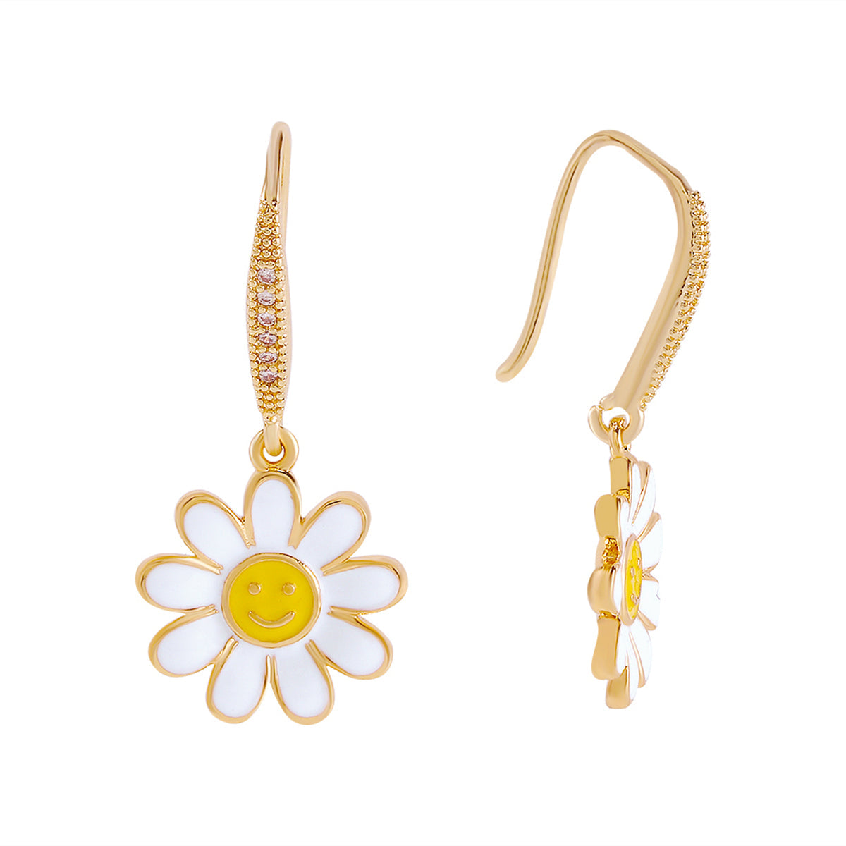 Cubic Zirconia & White Enamel 18K Gold-Plated Flower Drop Earrings