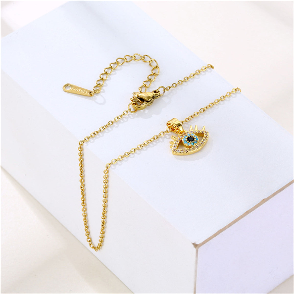 Blue Resin & Clear Cubic Zirconia Eye Pendant Necklace