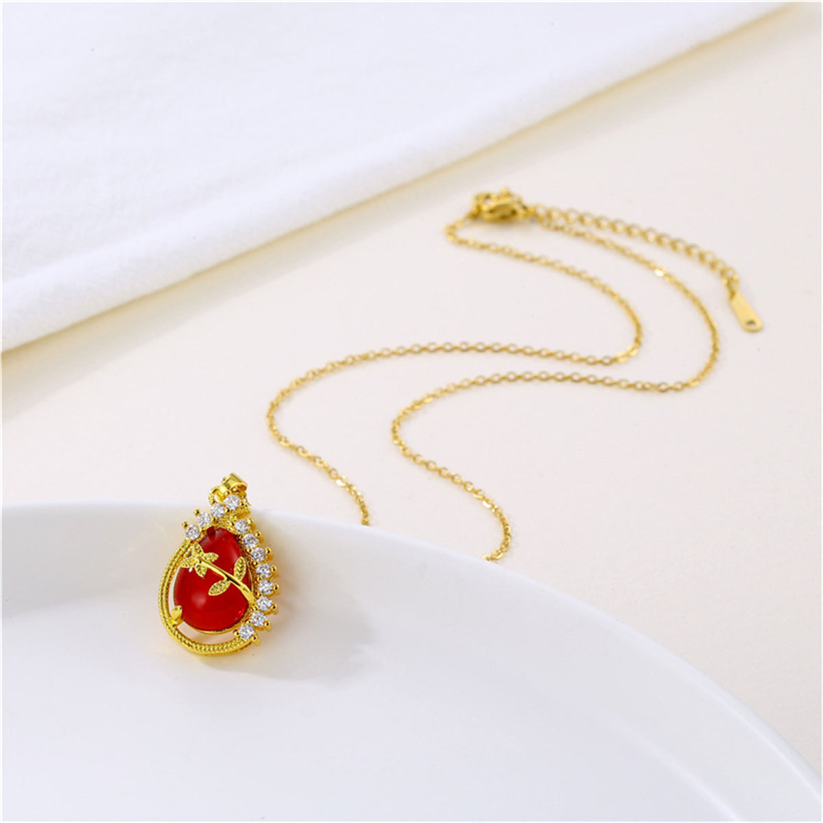 Red Quartz & 18K Gold-Plated Botanical Drop Pendant Necklace