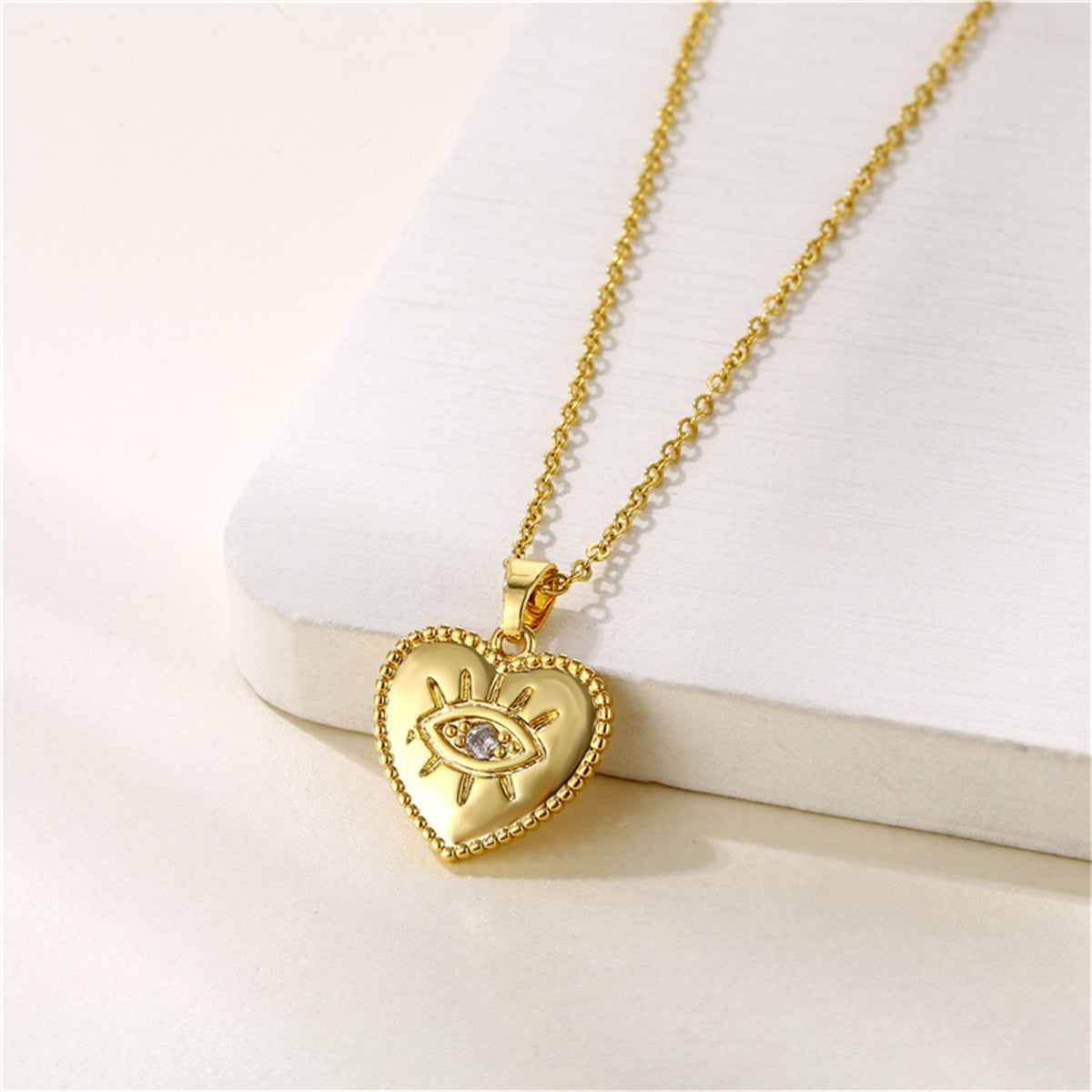 Cubic Zirconia & 18K Gold-Plated Eye Heart Pendant Necklace