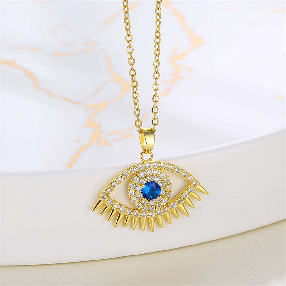 Blue Cubic Zirconia & 18K Gold-Plated Eye Pendant Necklace