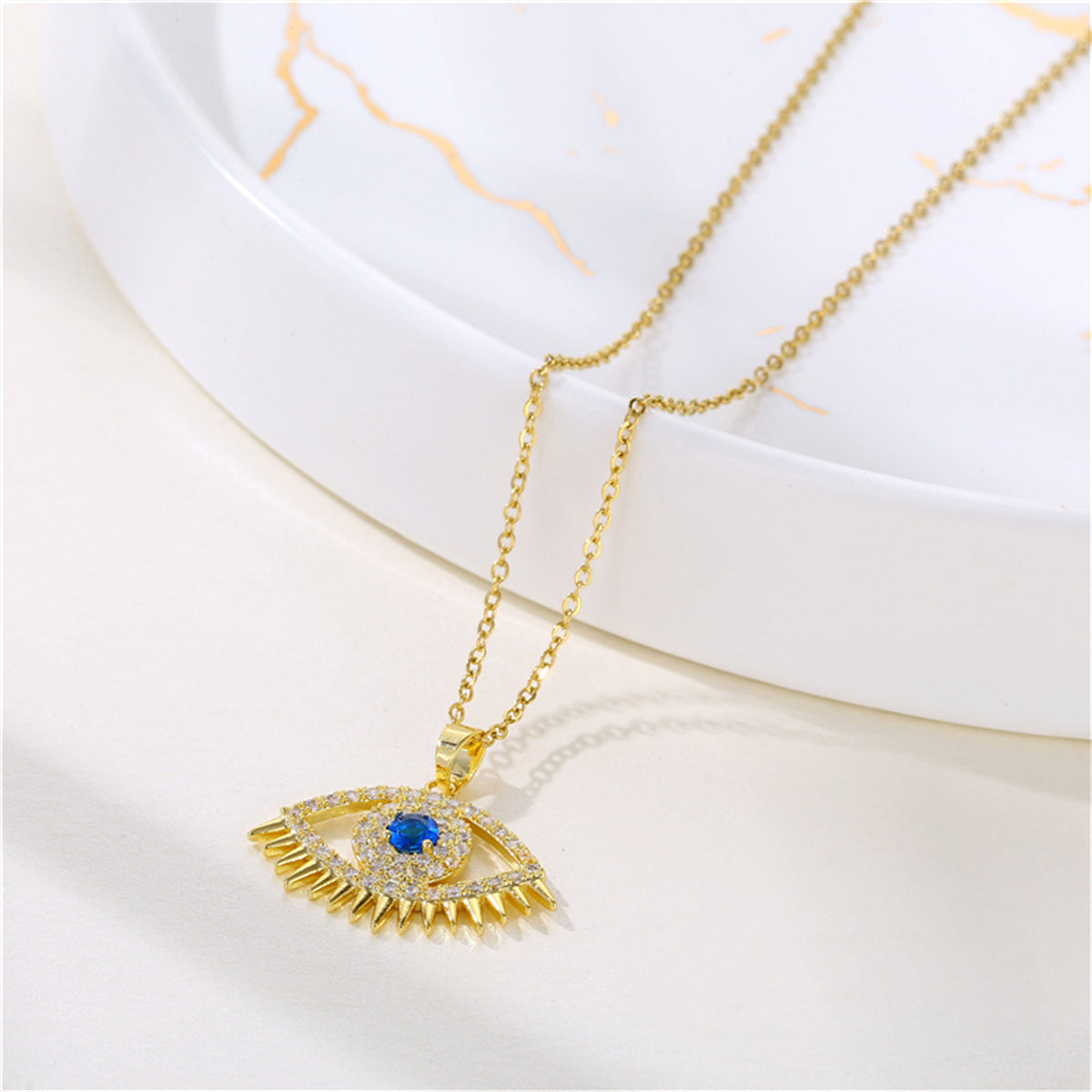 Blue Cubic Zirconia & 18K Gold-Plated Eye Pendant Necklace