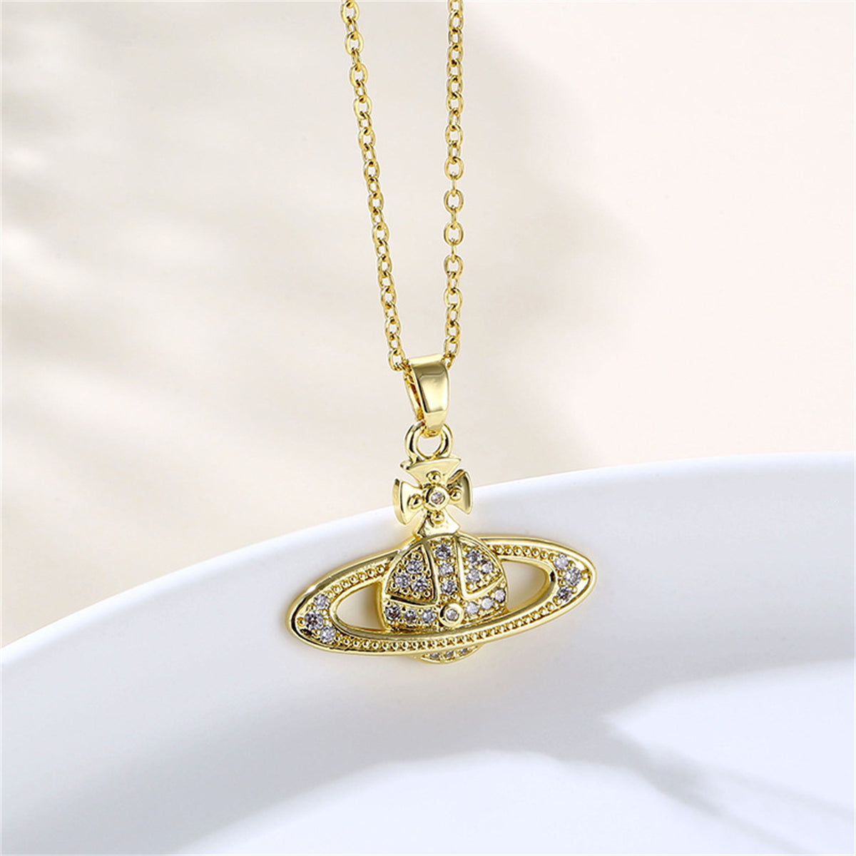 Cubic Zirconia & 18K Gold-Plated Planet Pendant Necklace