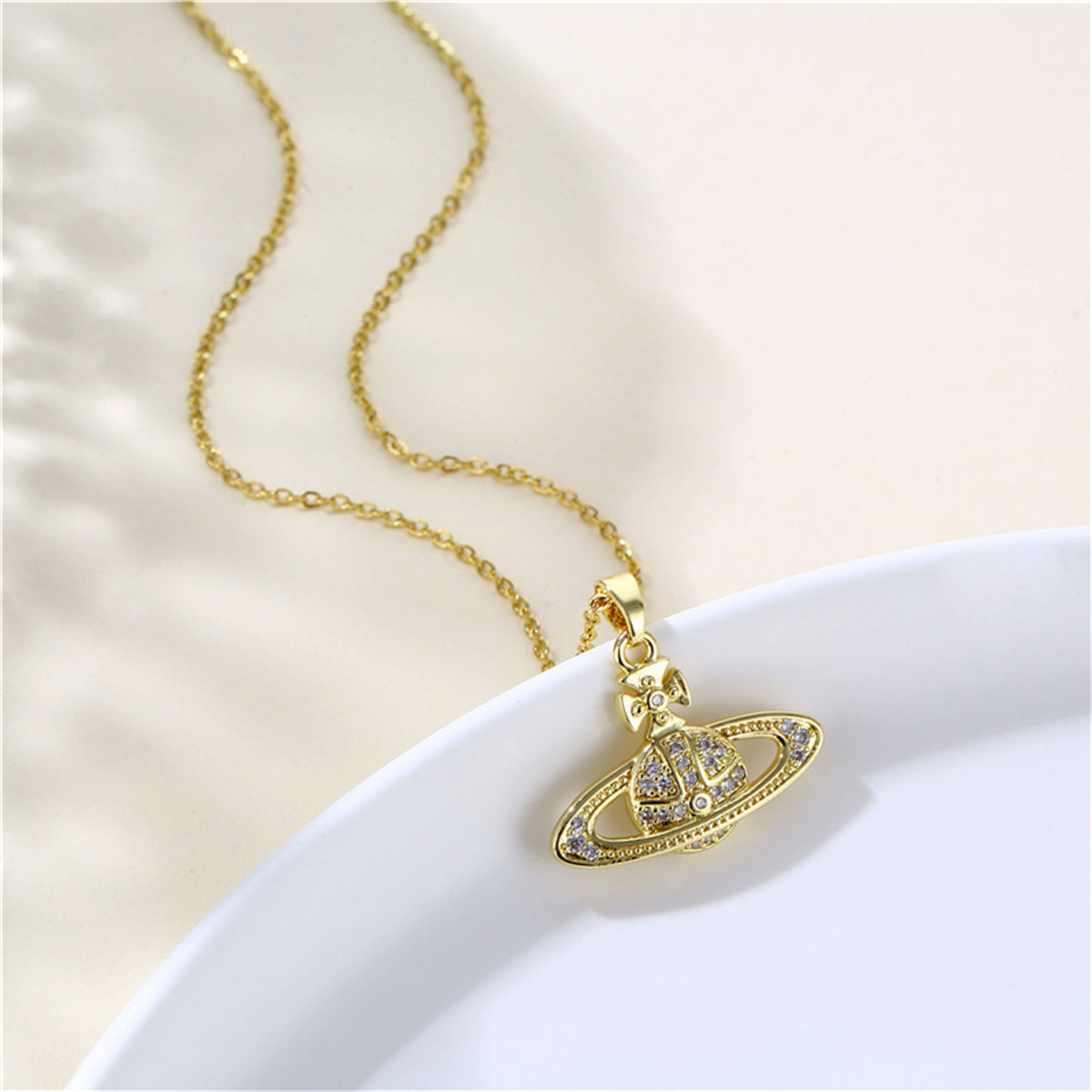 Cubic Zirconia & 18K Gold-Plated Planet Pendant Necklace