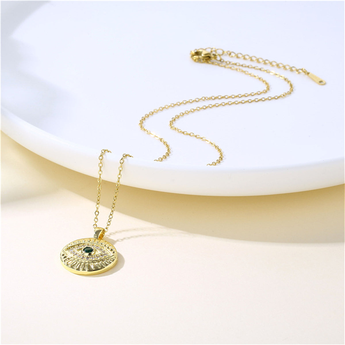 Cubic Zirconia & 18K Gold-Plated Eye Round Pendant Necklace