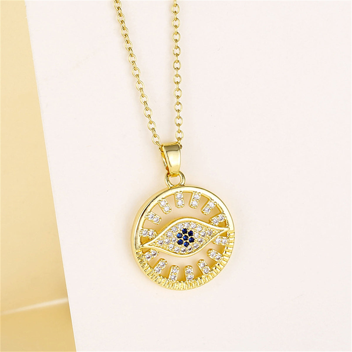 Cubic Zirconia & 18K Gold-Plated Eye Round Pendant Necklace