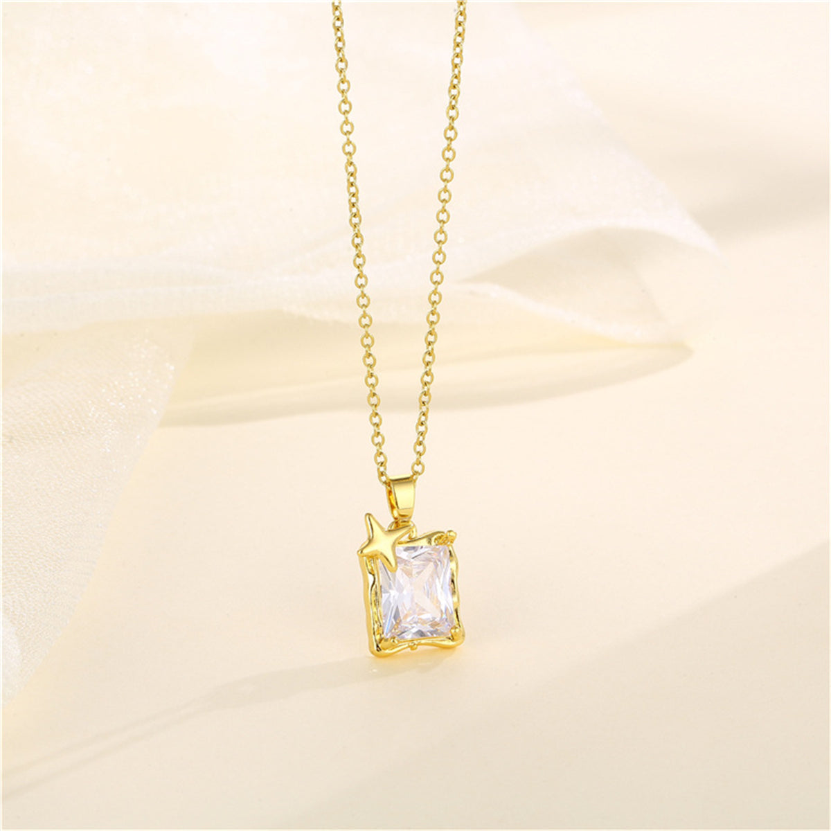 Crystal & 18K Gold-Plated Star Square Pendant Necklace