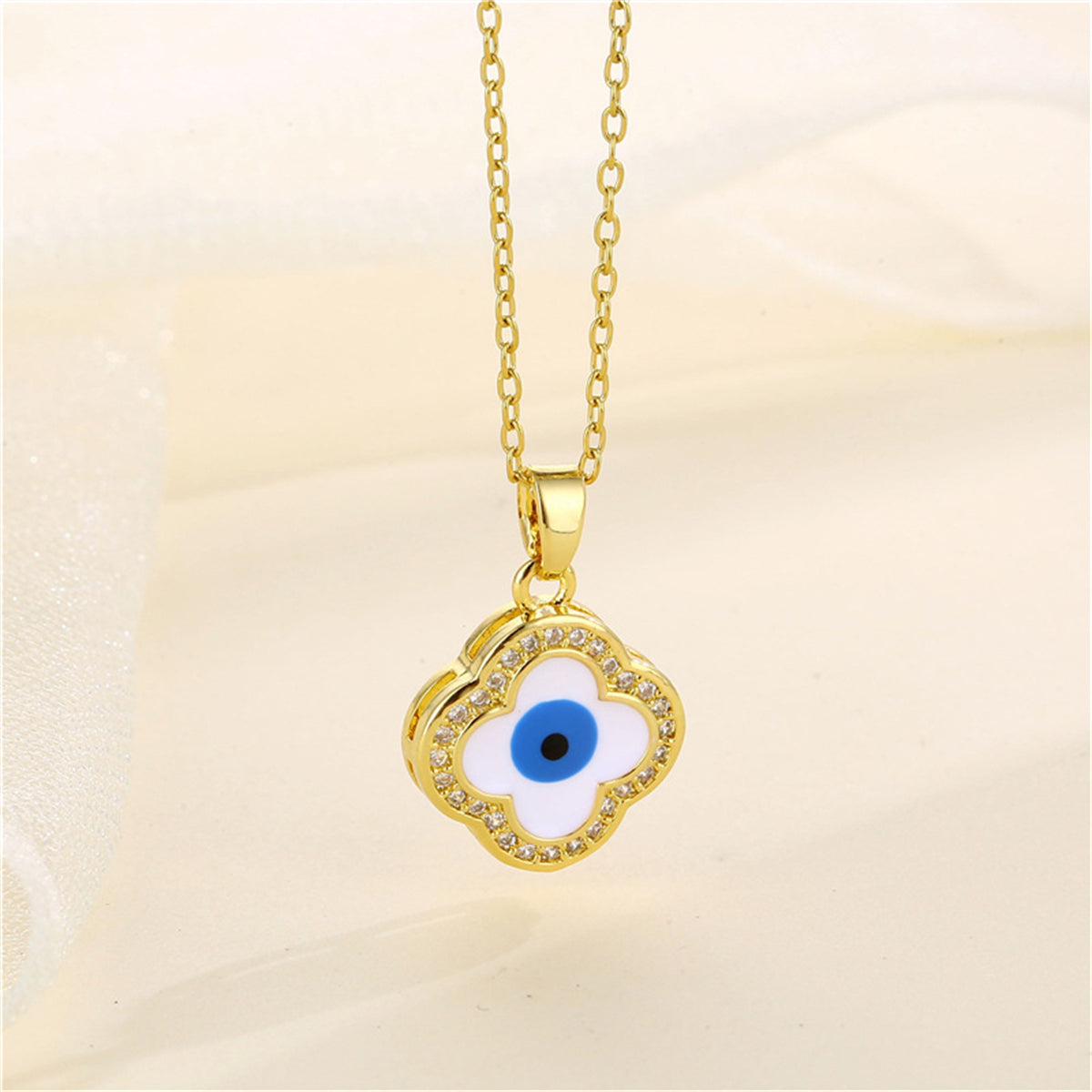 Blue Enamel & Cubic Zirconia Eye Clover Pendant Necklace