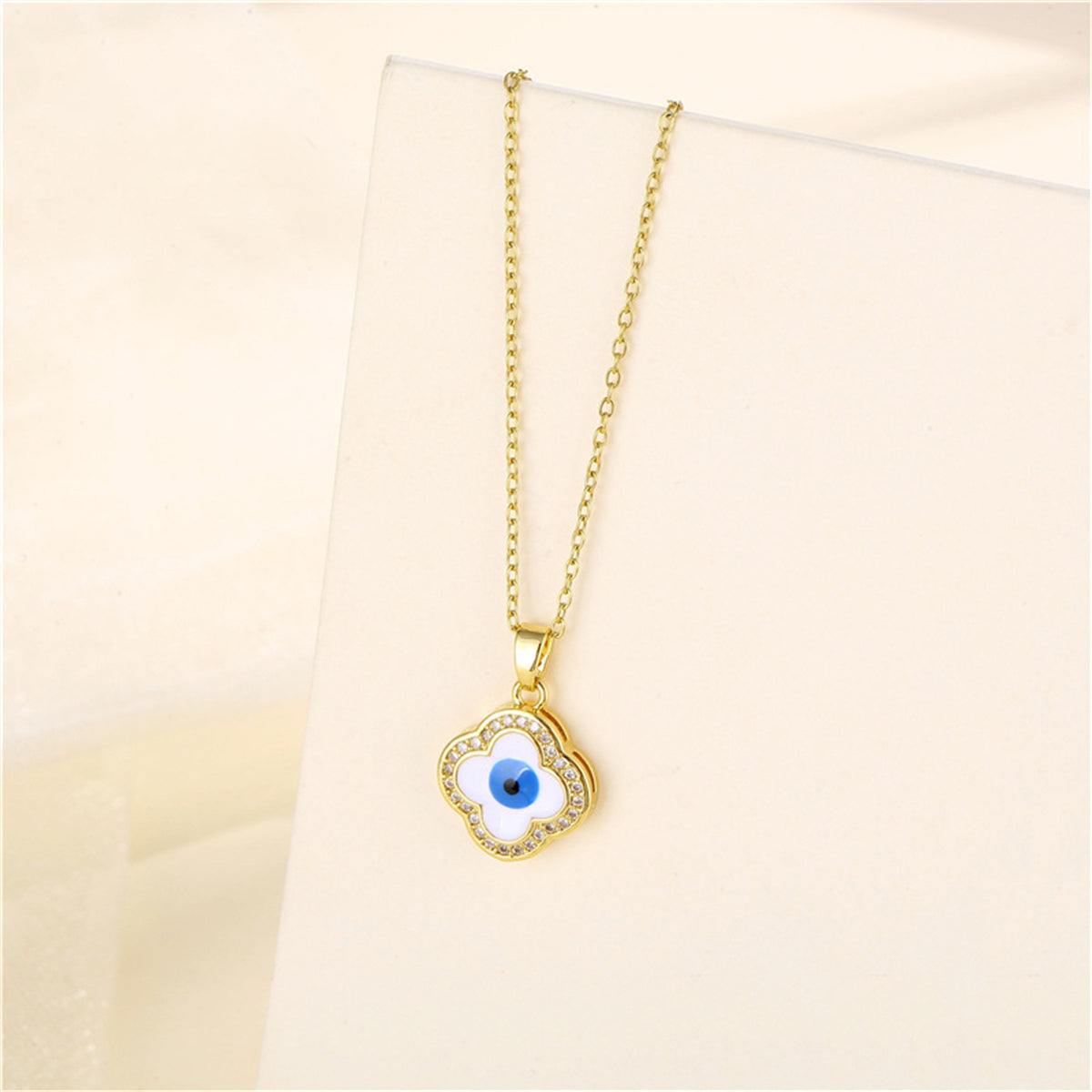 Blue Enamel & Cubic Zirconia Eye Clover Pendant Necklace