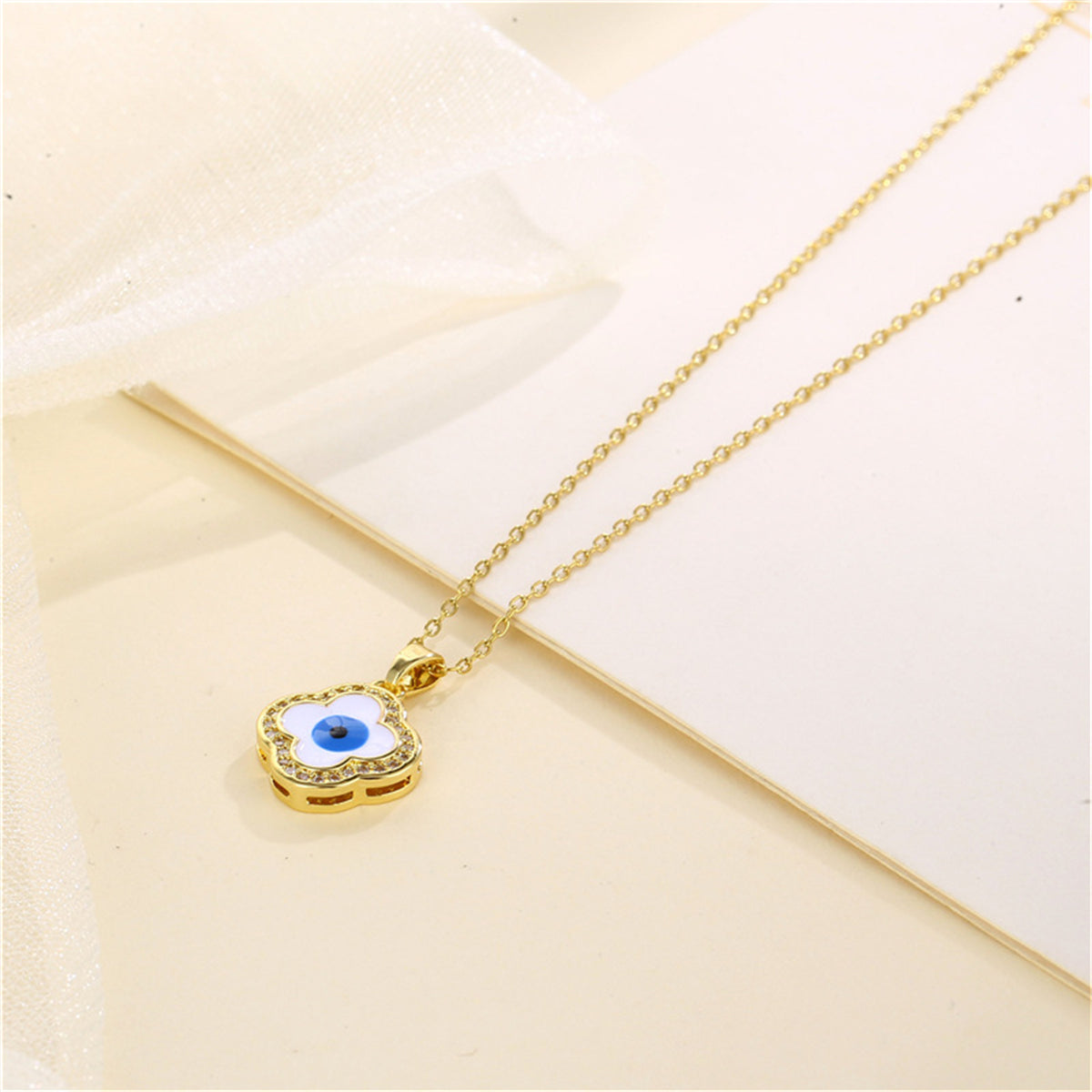 Blue Enamel & Cubic Zirconia Eye Clover Pendant Necklace