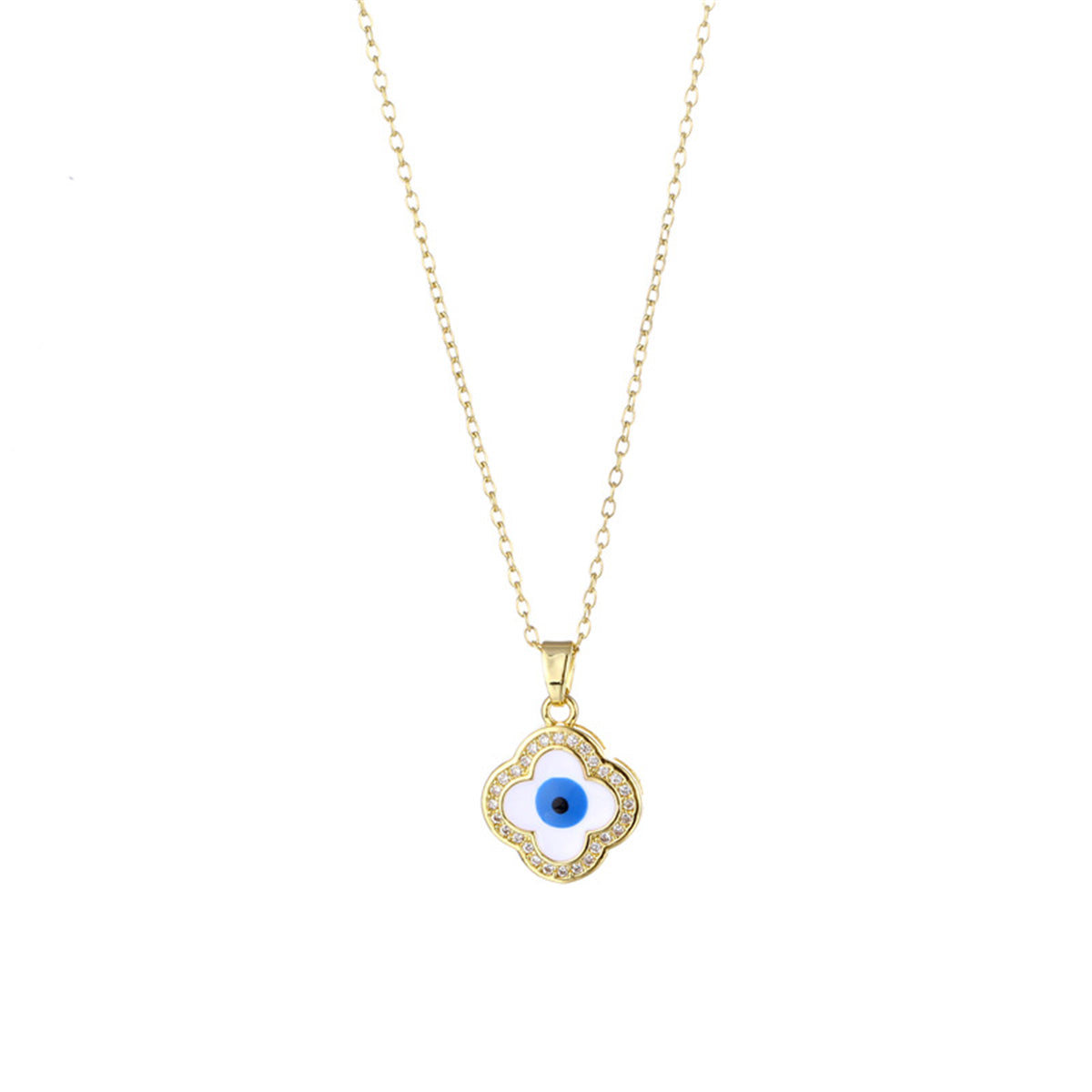 Blue Enamel & Cubic Zirconia Eye Clover Pendant Necklace