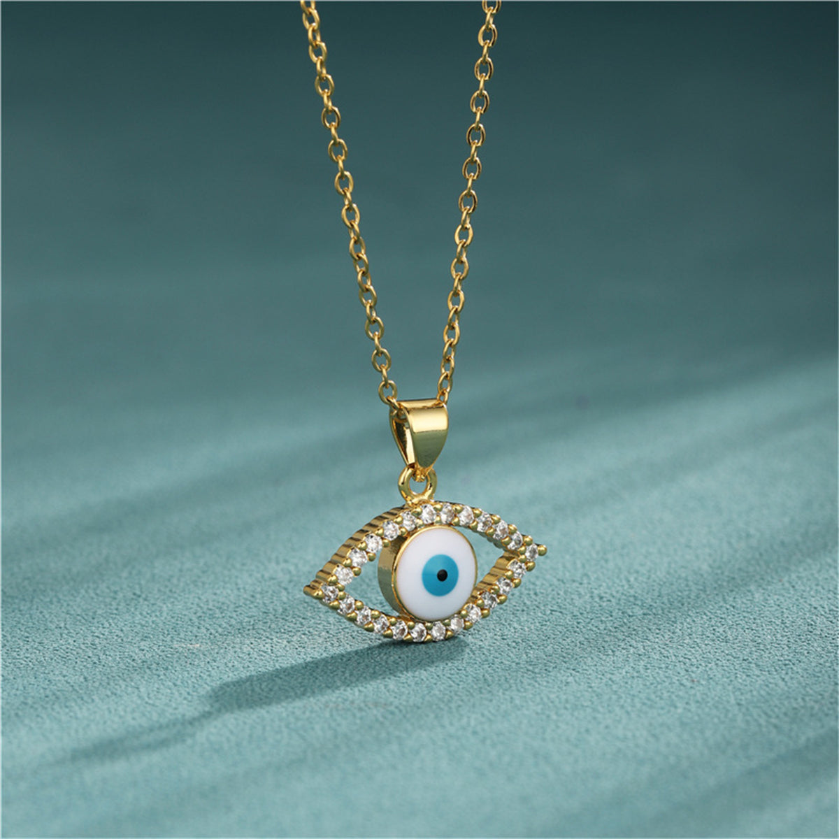 Clear Cubic Zirconia & White Enamel Eye Pendant Necklace