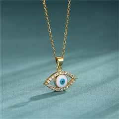 Clear Cubic Zirconia & White Enamel Eye Pendant Necklace