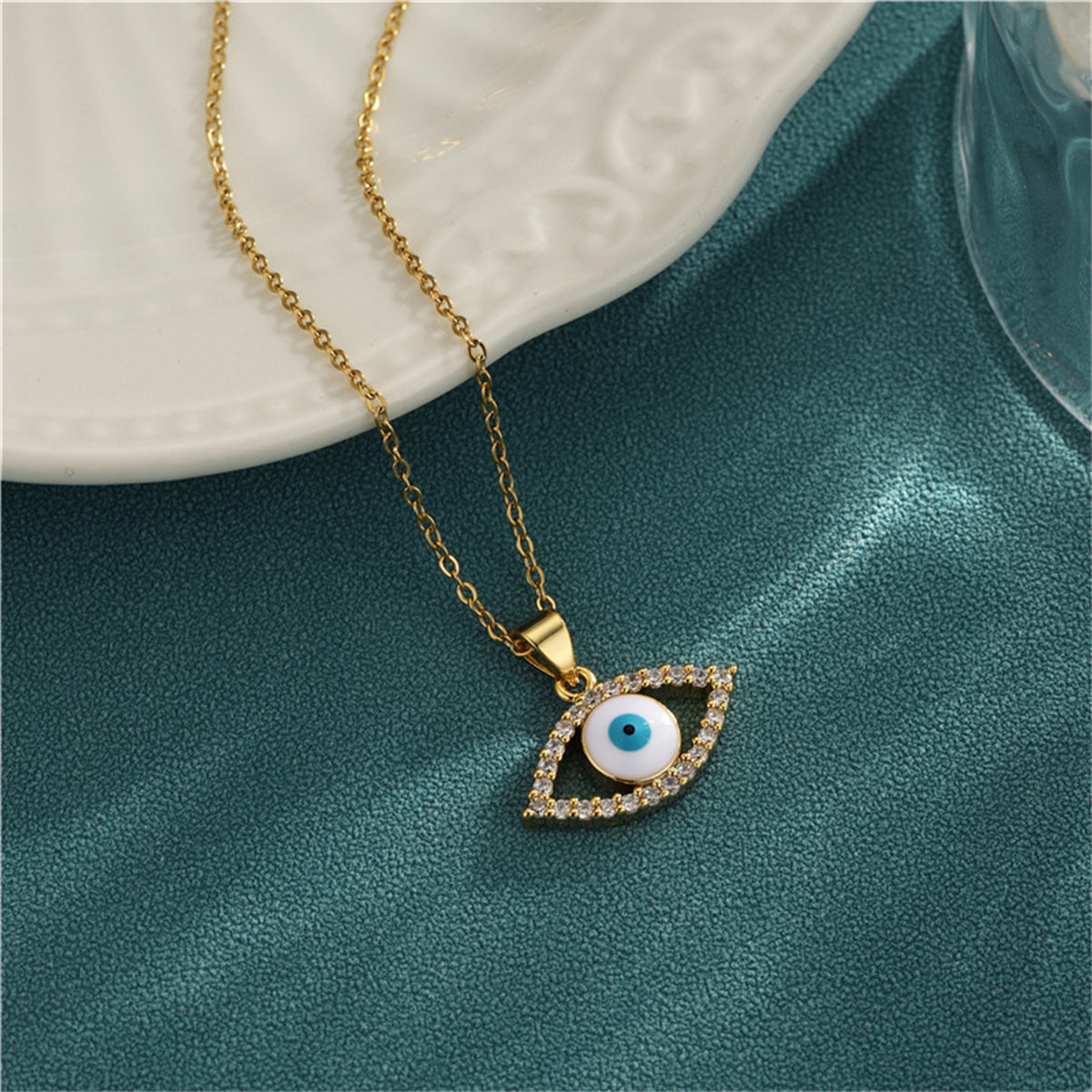 Clear Cubic Zirconia & White Enamel Eye Pendant Necklace