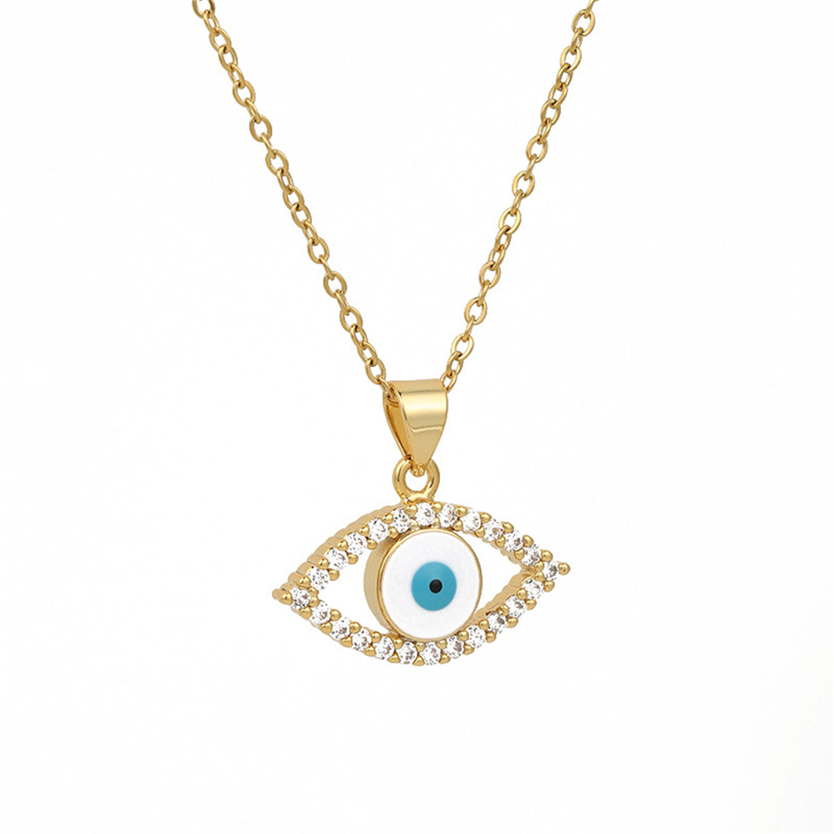 Clear Cubic Zirconia & White Enamel Eye Pendant Necklace