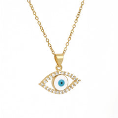 Clear Cubic Zirconia & White Enamel Eye Pendant Necklace