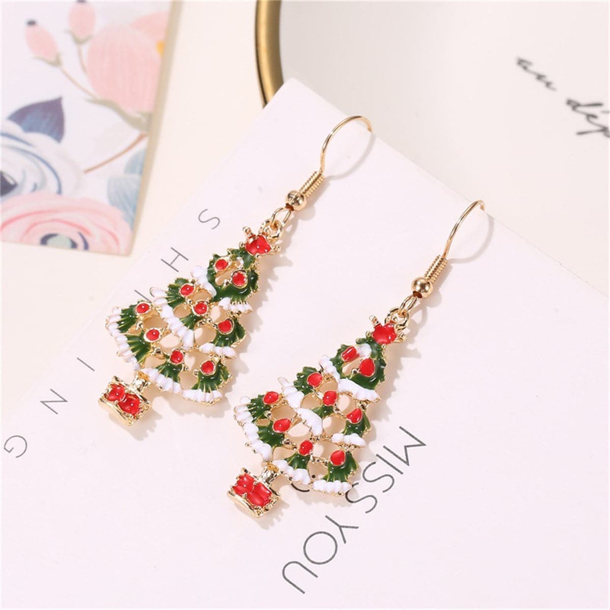 Red & Green Enamel Openwork Christmas Tree Drop Earrings