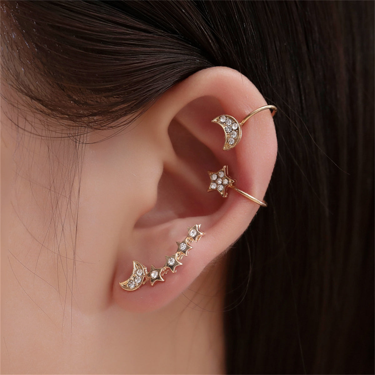 Cubic Zirconia & 18K Gold-Plated Celestial Ear Climber & Ear Cuff Set