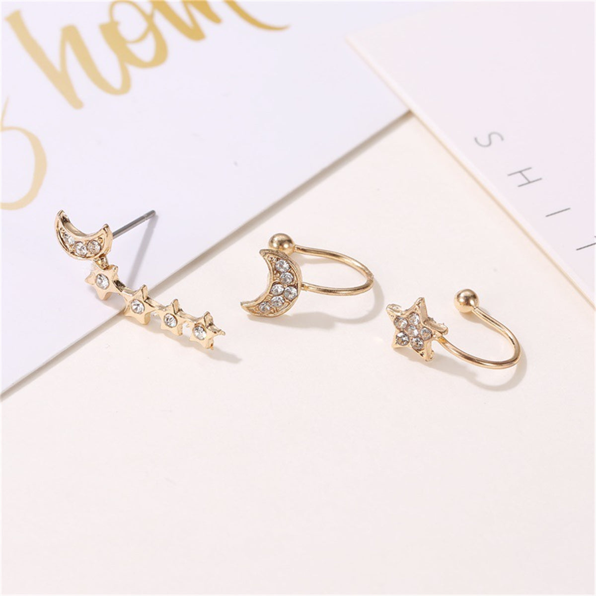 Cubic Zirconia & 18K Gold-Plated Celestial Ear Climber & Ear Cuff Set