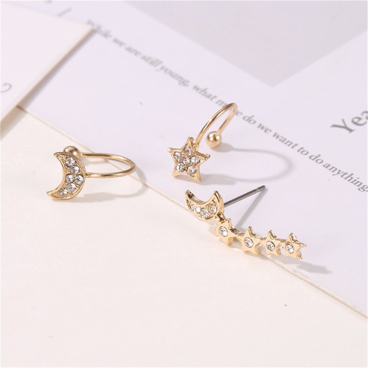 Cubic Zirconia & 18K Gold-Plated Celestial Ear Climber & Ear Cuff Set