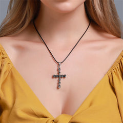 Black Polystyrene & Silver-Plated Skull Cross Pendant Necklace