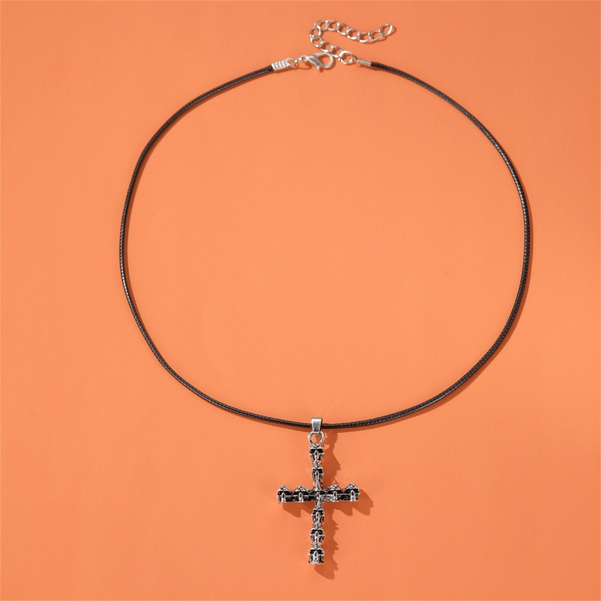 Black Polystyrene & Silver-Plated Skull Cross Pendant Necklace