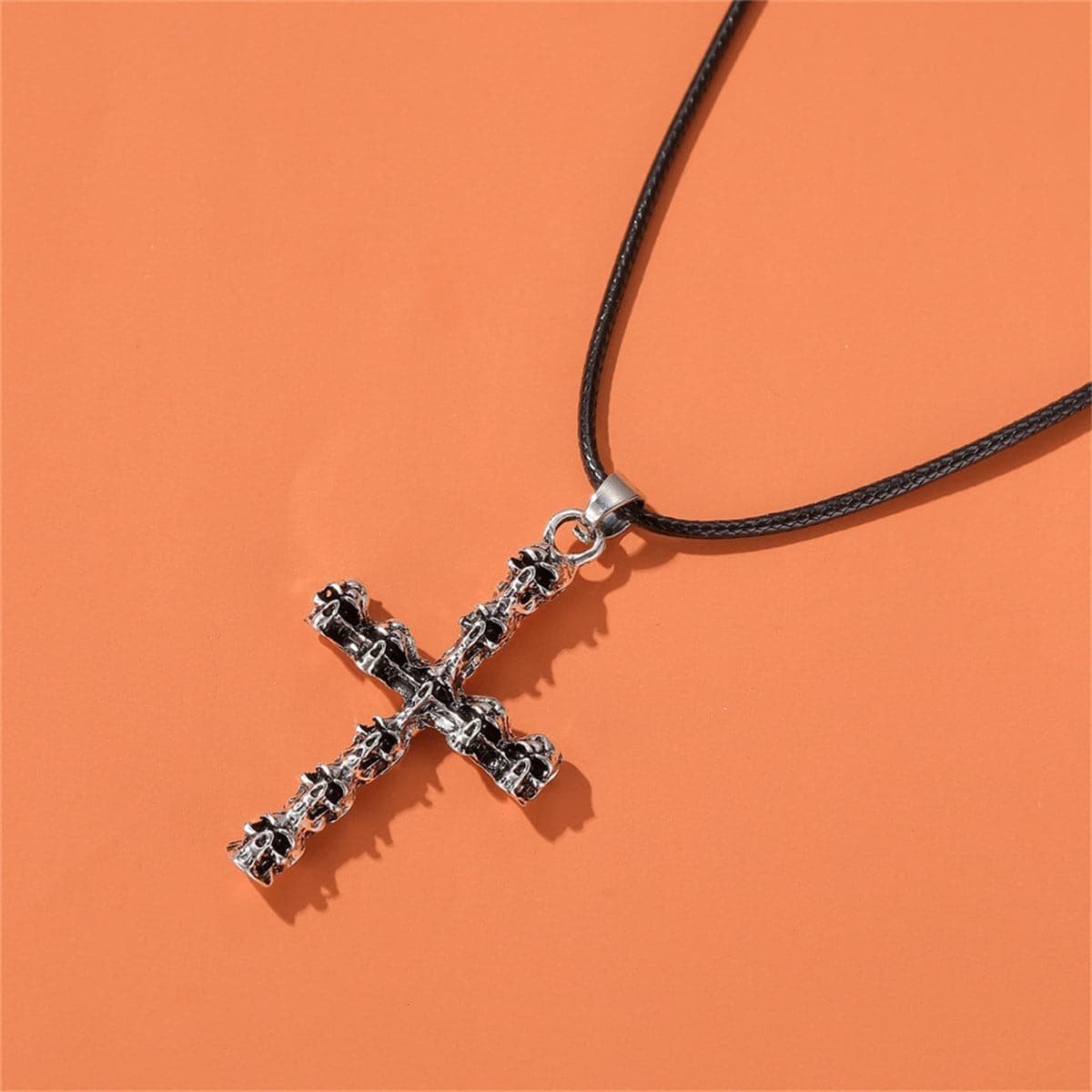 Black Polystyrene & Silver-Plated Skull Cross Pendant Necklace