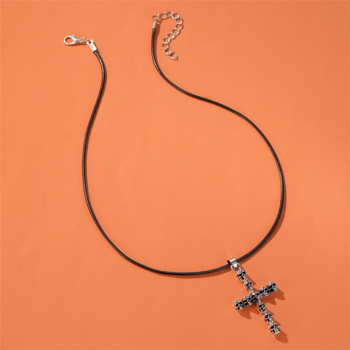 Black Polystyrene & Silver-Plated Skull Cross Pendant Necklace