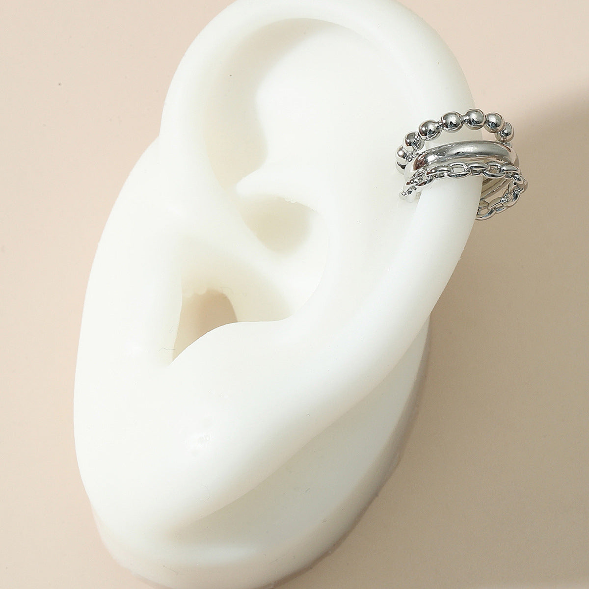 Silver-Plated Beaded Chain Layered Ear Cuff