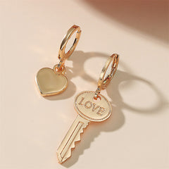 18K Gold-Plated 'Love' Key Heart Asymmetric Huggie Earrings