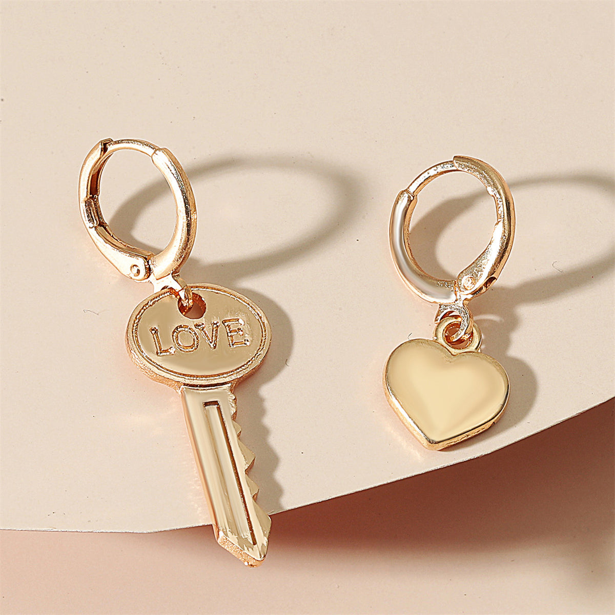 18K Gold-Plated 'Love' Key Heart Asymmetric Huggie Earrings