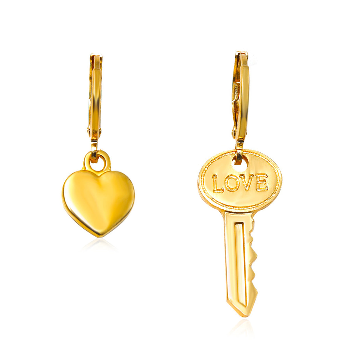 18K Gold-Plated 'Love' Key Heart Asymmetric Huggie Earrings